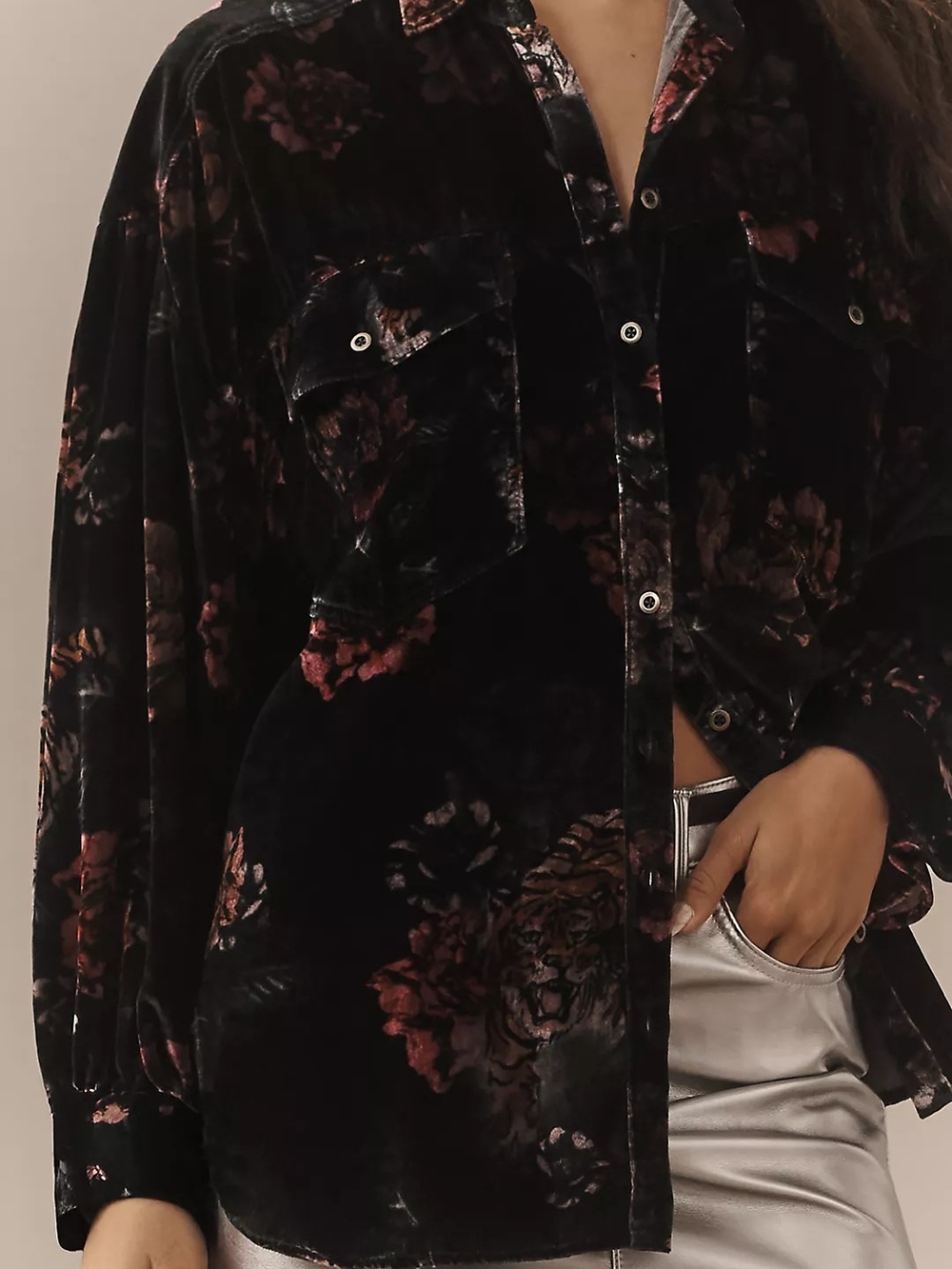 Pilcro Anthropologie Velvet Floral Button-Up Shirt - Black Floral - Picture 4 of 10